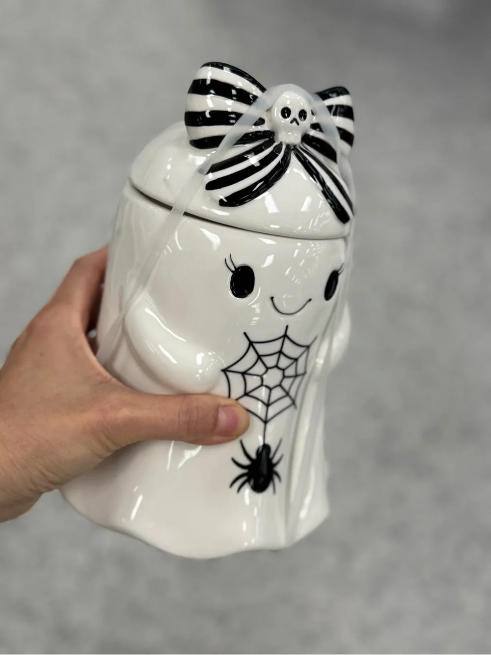 White Ceramic Ghost Cookie Jar with Black Spider Web Accent